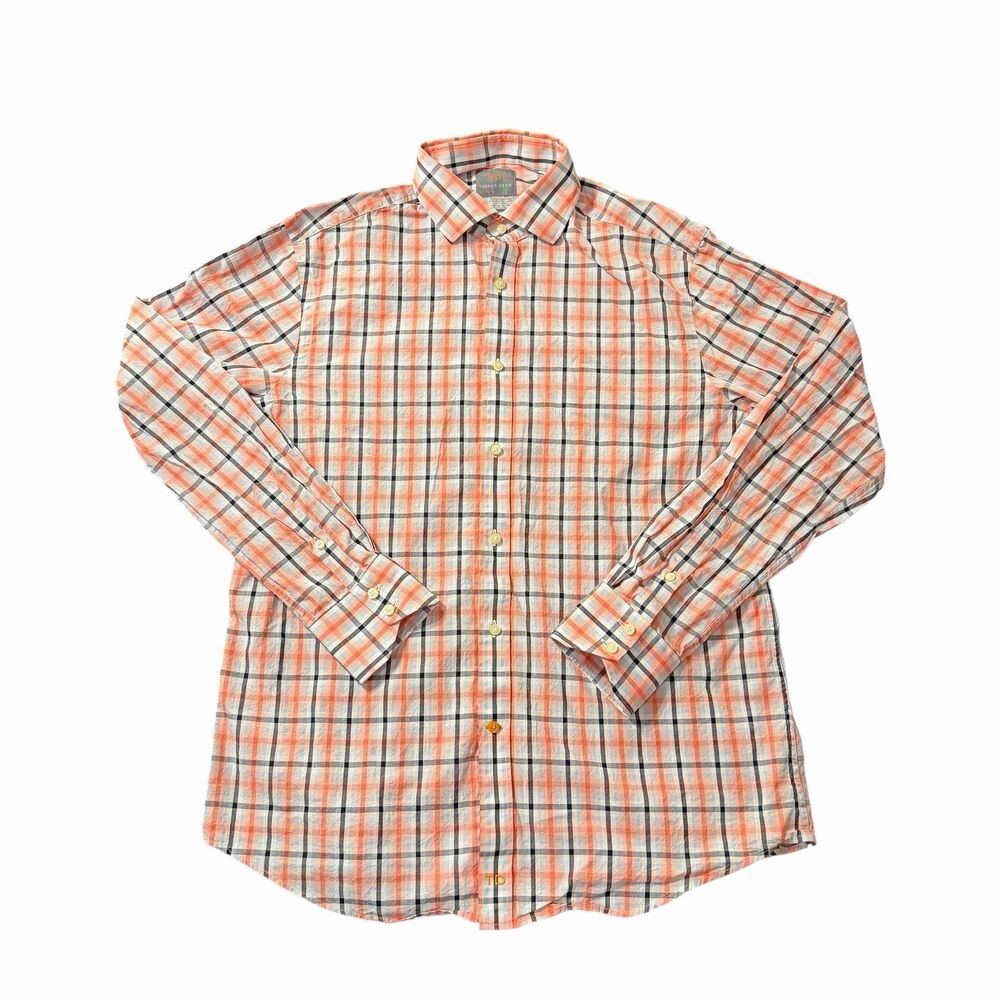 Thomas Dean Shirt Casual Button Up Mens‎ Large Plaid Long Sleeve Salmon Check